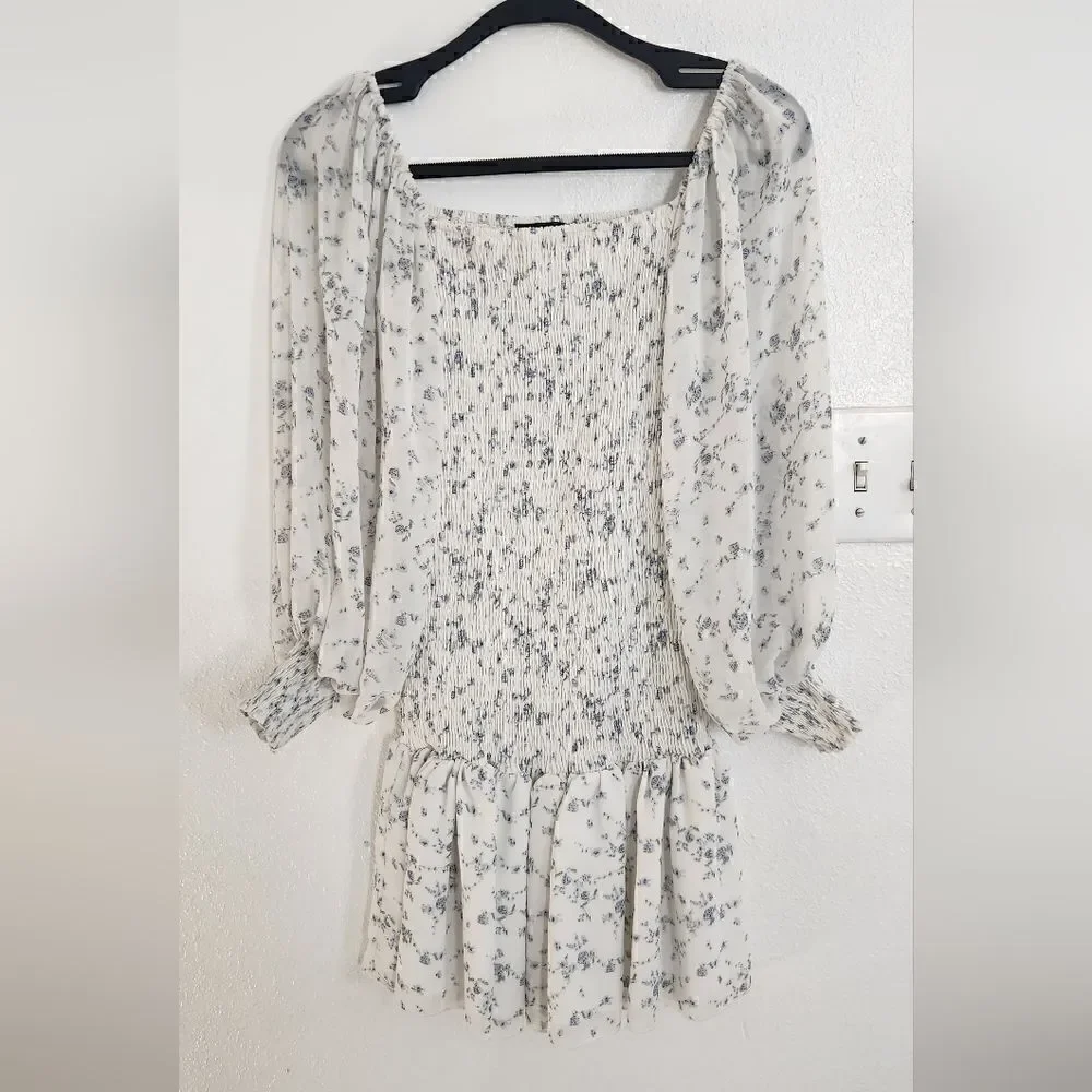Lulu's Va Va Bloom Ivory Floral Print Smocked Long Sleeve Mini Dress Size XS